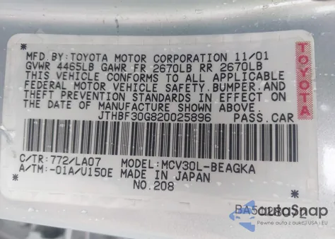 2002 Lexus Es 300 z USA, uszkodzony, nr VIN JTHBF30G820025896